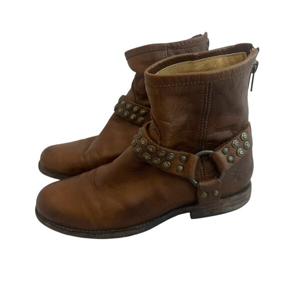 Frye Phillip Studded Harness Boots Booties Short Brown Leather Size 6.5 Women's - Picture 4 of 15